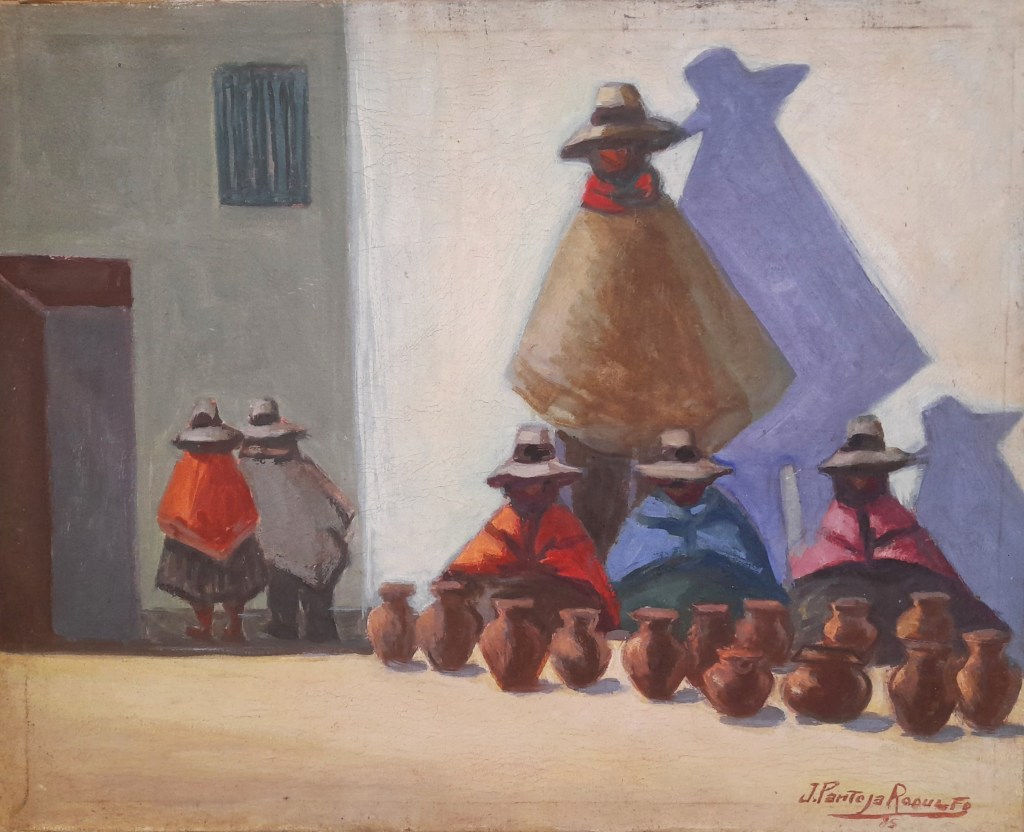 Acuarela de Julio Pantoja Rodulfo, pintor peruano del siglo XX, que representa una escena de mercado en el mundo andino. Mujeres con vestimenta tradicional se sitúan frente a vasijas de barro alineadas en primer plano, mientras sus sombras proyectadas generan una composición de fuerte presencia geométrica. A través de la transparencia y la luminosidad propias de la acuarela, el artista combina sensibilidad indigenista y modernidad plástica dentro del arte peruano.